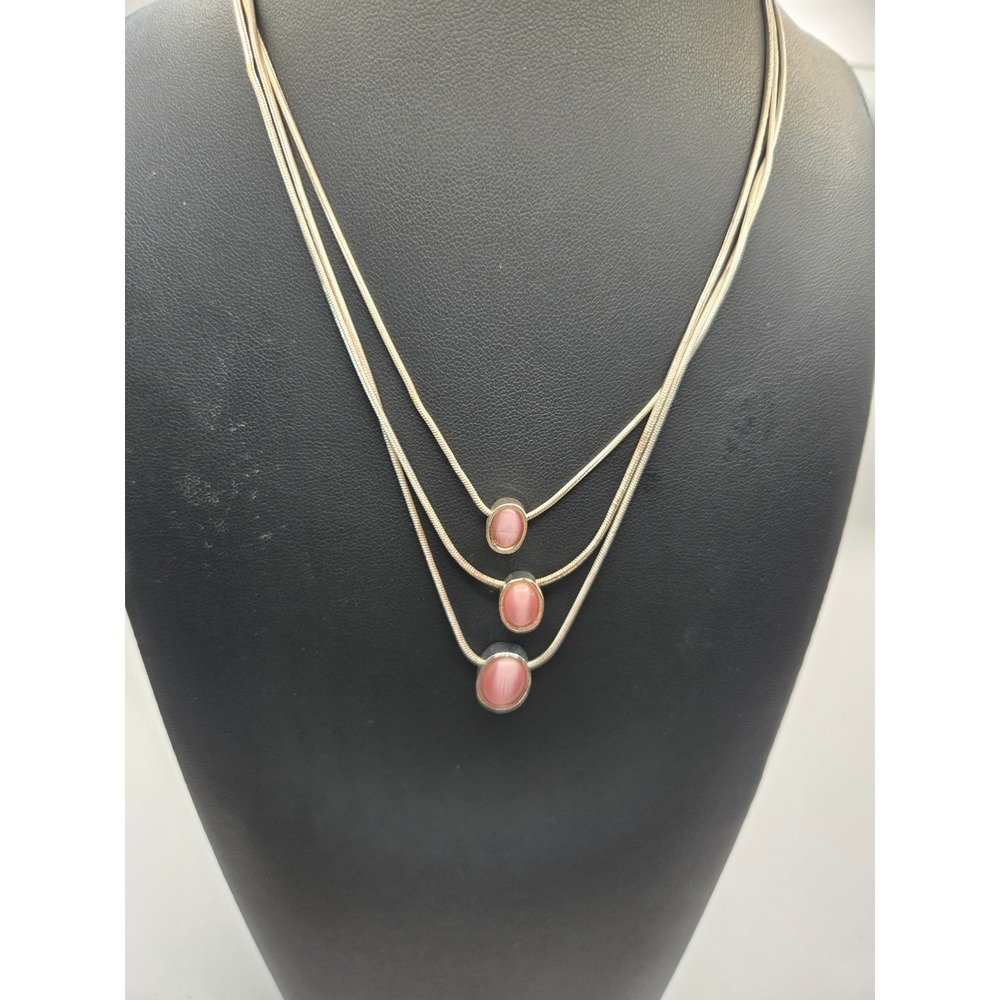 Silver Tone Triple Strand Pink Faux Cat Eye Oval Cabochon Layered Necklace
